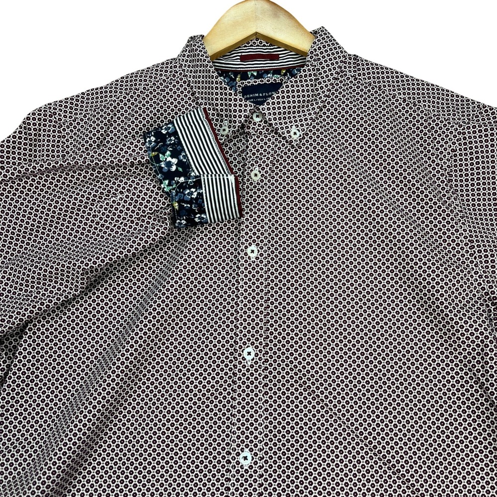Denim & Flower Button Down Shirt Mens L Burgundy Geometric Ricky Singh Flip Cuff